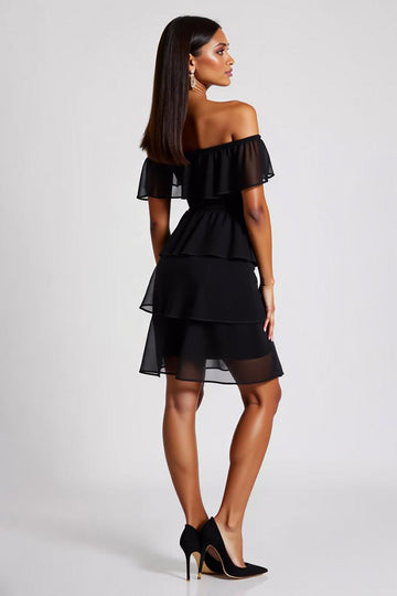 Black Chiffon Off the Shoulder Tiered A Line Short Cocktail Dress